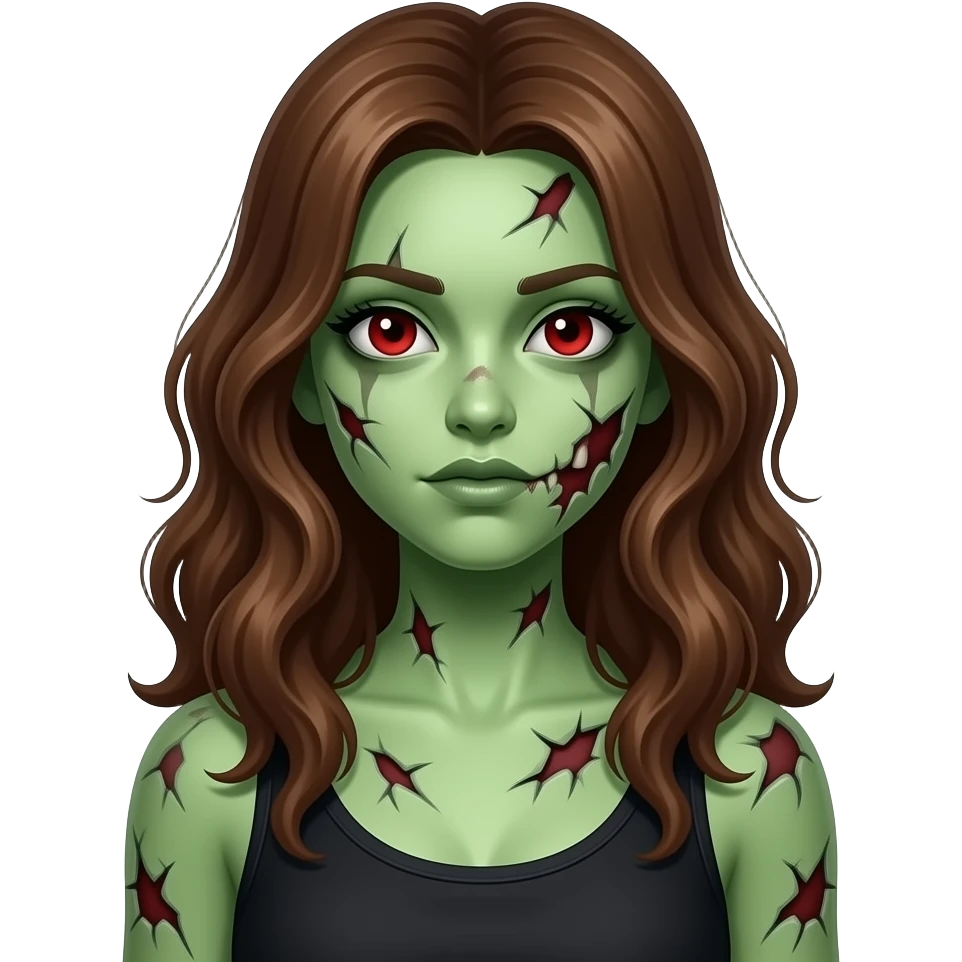 uma menina zumbi de pele verde e estragada com cabelo grande, marrom e ondulado e olhos vermelhos e regata preta emoji