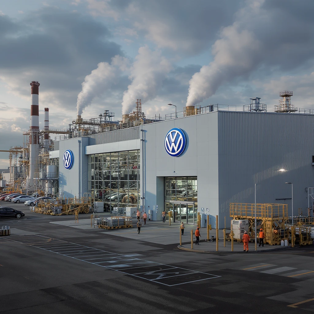 Realistic Volkswagen factory exterior, large industrial building with Volkswagen logo, parking lots filled with cars, factory grounds with machinery and equipment, realistic lighting and shadows, industrial atmosphere, workers in uniforms walking around emoji