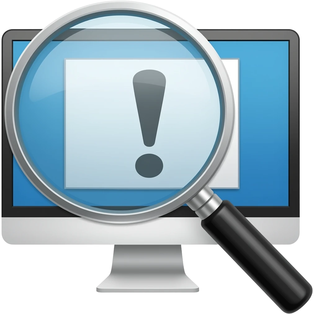 exclamation sign in a magnifying glass on a computer screen emoji