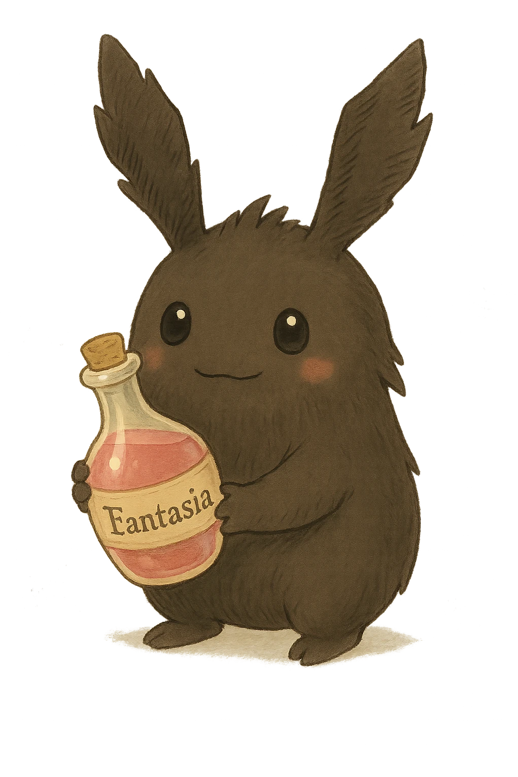 Final Fantasy spriggan holding a bottle of Fantasia, soft and whimsical ghibli style emoji