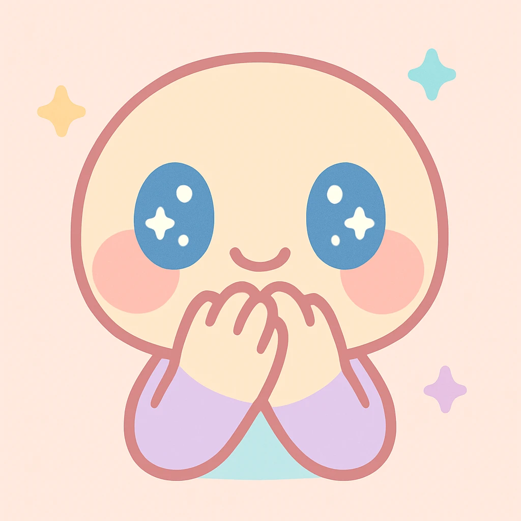 blushing face with wide eyes and a shy smile, hands covering mouth, cartoon style, cute and expressive emoji