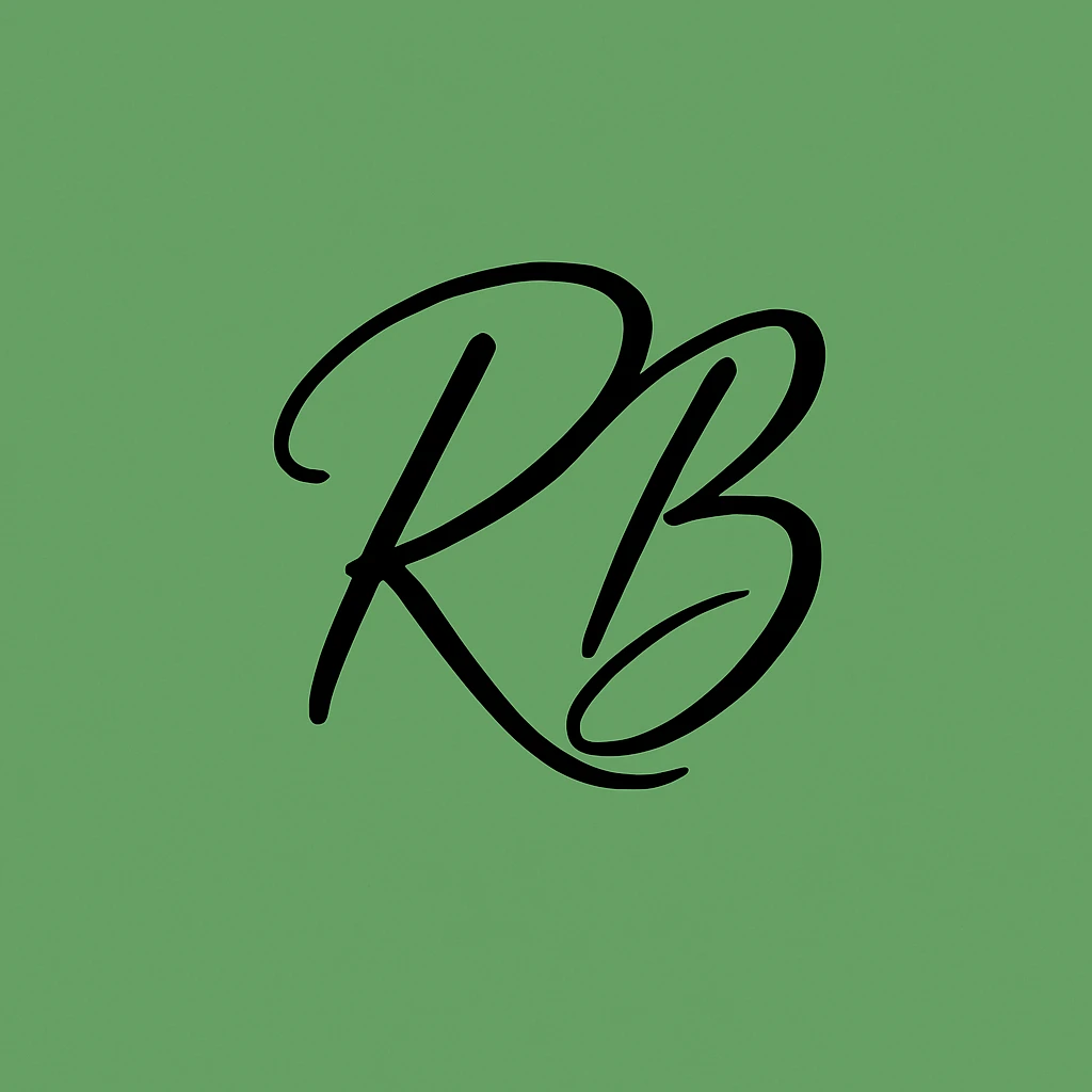 Change the background to green while keeping the modern minimal calligraphy initials 'RB' intact, preserving the style and elegance of the original image. emoji