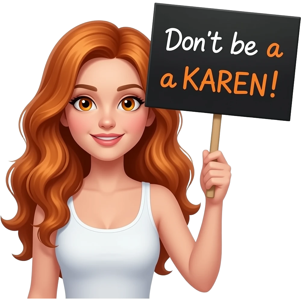 sexy girl with long wavy ginger hair and ginger eyes wearing a white tanktop is holding a black colored sign with Don't be a KAREN! written on it emoji