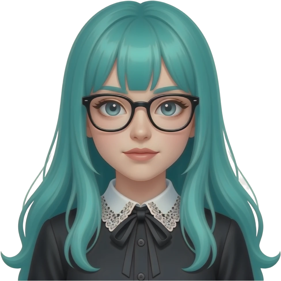 girl, thinking, glasses, long flowing teal hair, grey eyes, black shoulder cyberpunk blouse with fancy white collar emoji