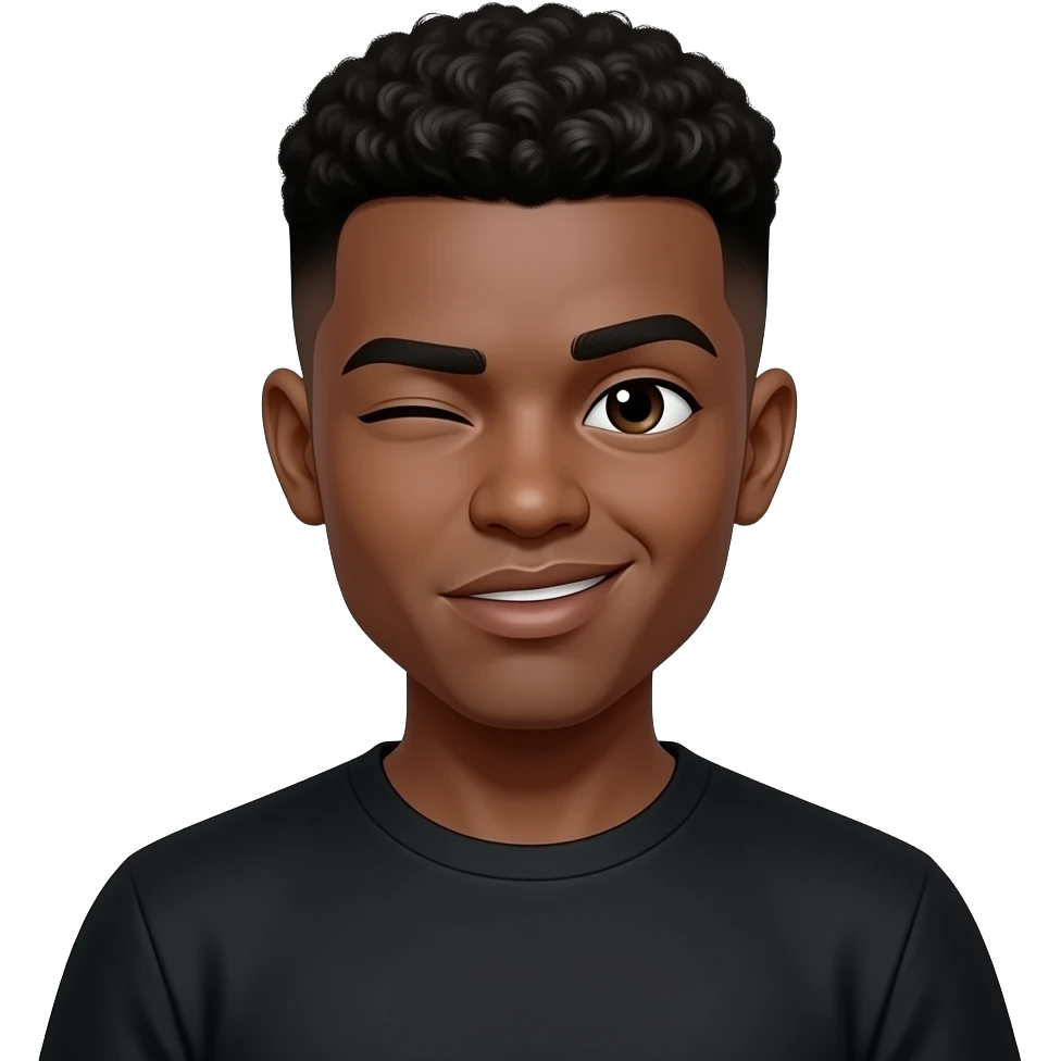 make him but black and a fluffy low taper fade in his 20’s in a all black t shirt with his eyes glowing and he is biting his lips winking emoji