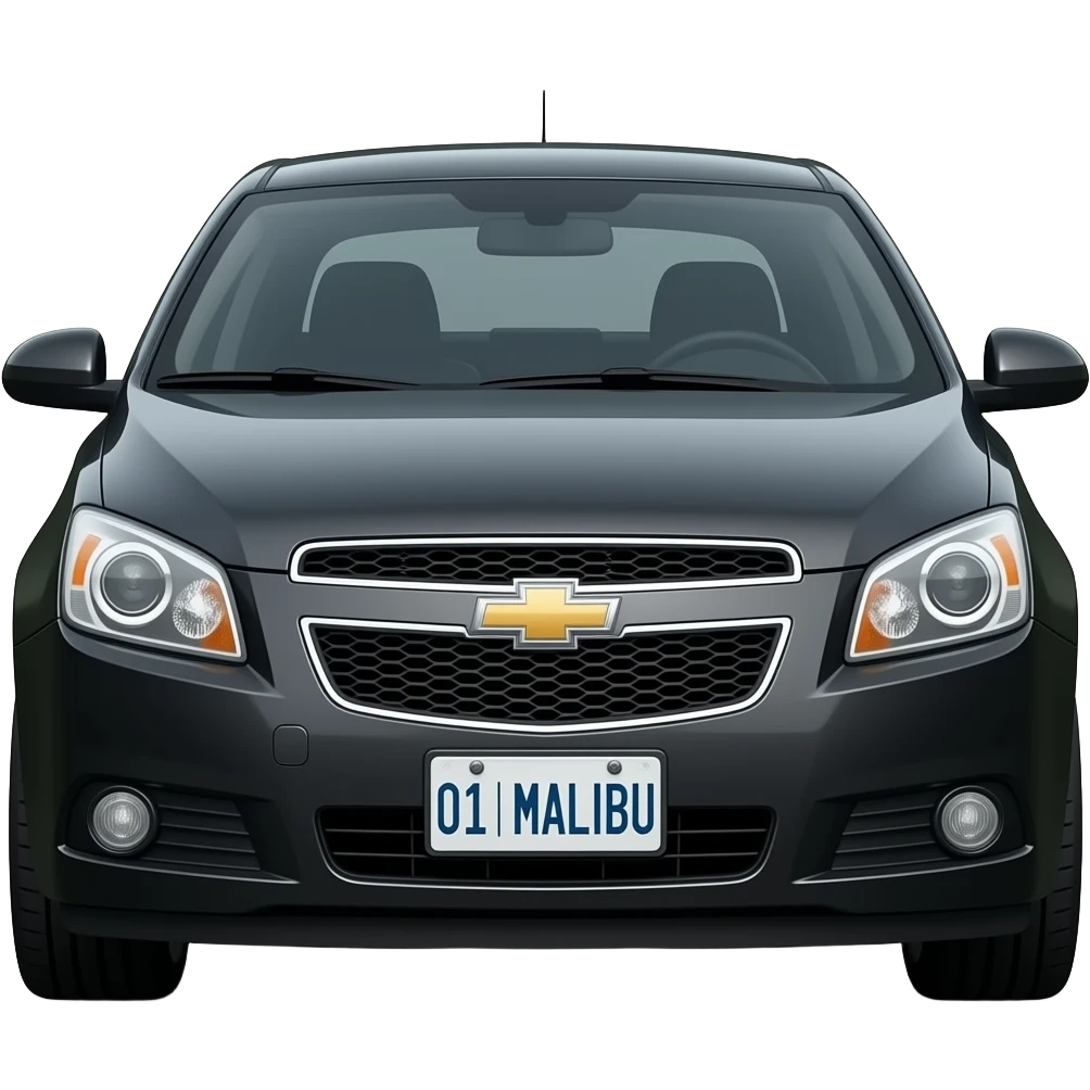 A realistic icon emoji of a metallic black sedan Chevrolet Cobalt 2012, front wheels steered to the left, dark charcoal tint windows, black alloy 5-spoke rims, Dynamic white glow LED headlights with glowing effect, uzbekistan flag, number texts "01 | MALIBU" in plate emoji