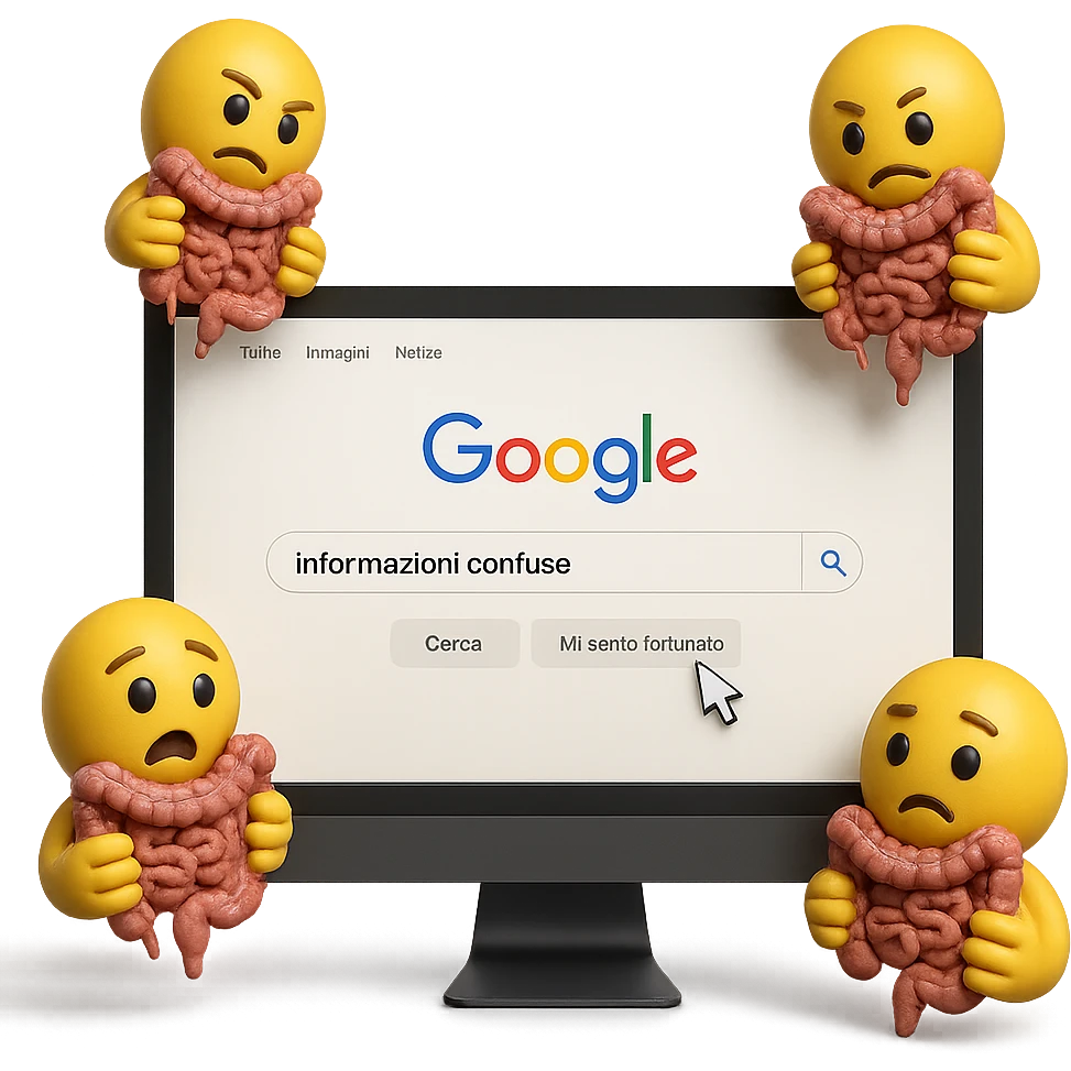 SCHERMO DI PC CON LA SCRITTA "informazioni confuse" SULLA BARRA DI RICERCA GOOGLE SULLO SCHERMO E IL CLICK DEL MOUSE SULLA SCRITTA CERCA, stile emoji iphone fluttuano in aria stringendo in mano un pezzo di colon intestinale, iperrealistico 4k emoji