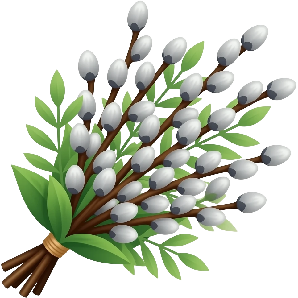 pussy willow  branches bouquet с зелеными листиками emoji