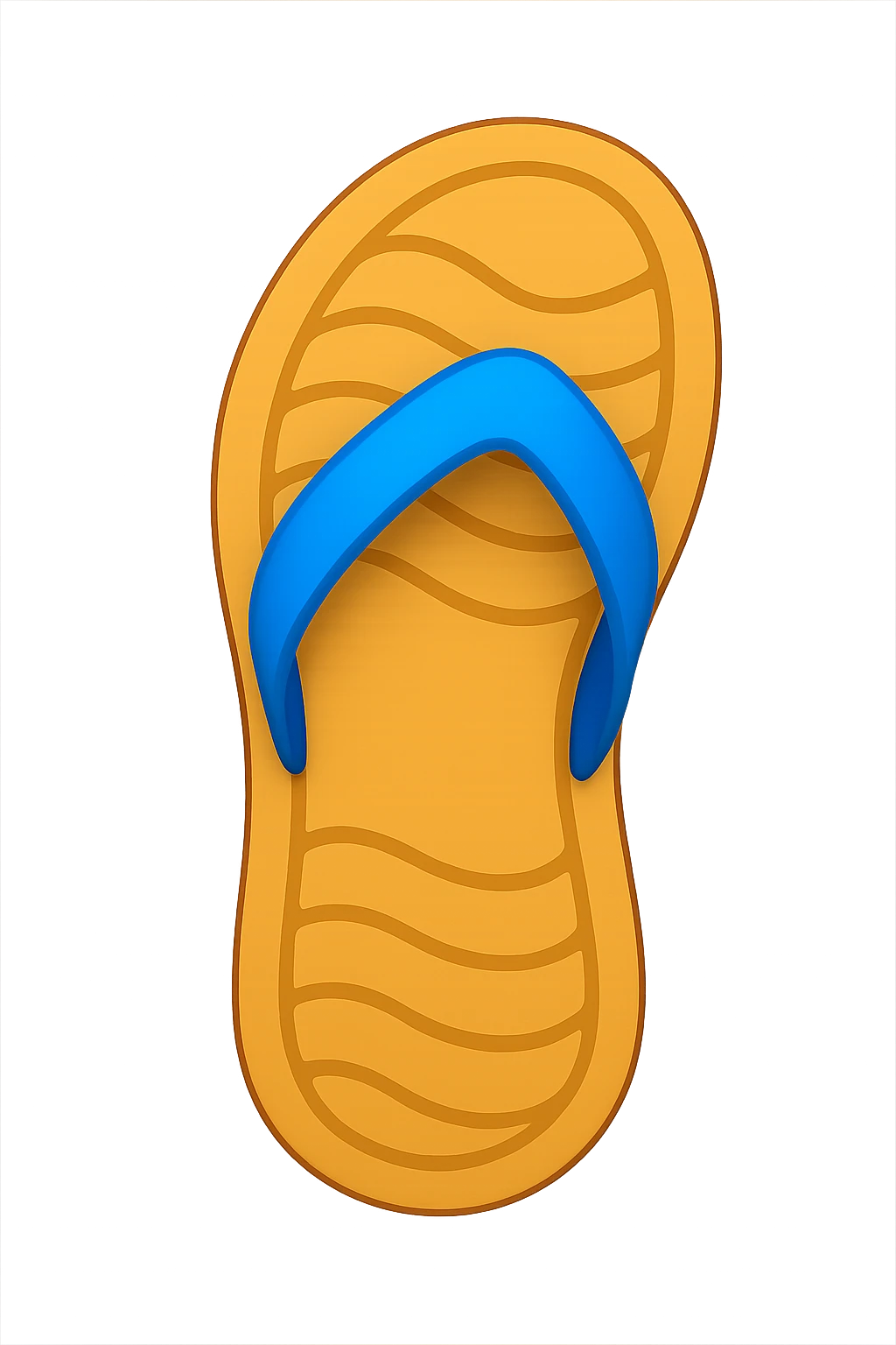 Create an Apple emoji style sandal sole with minimal detail, matching the angle of the reference image, viewed from the bottom, with a single strap visible. The style should replicate the clean, simple, and colorful look of Apple emojis. emoji