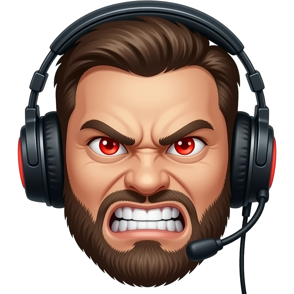 A cartoon gaming emoji of an angry gamer with headset, glowing red eyes, clenched teeth, exaggerated expression, bold outlines, vibrant colors, transparent background emoji