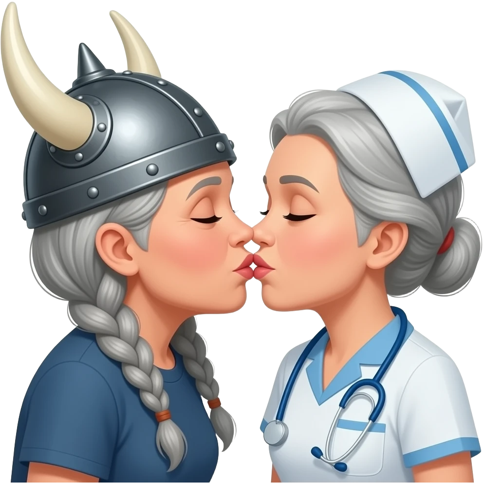 Viking helmet older woman with gray braids kissing older nurse on lips emoji