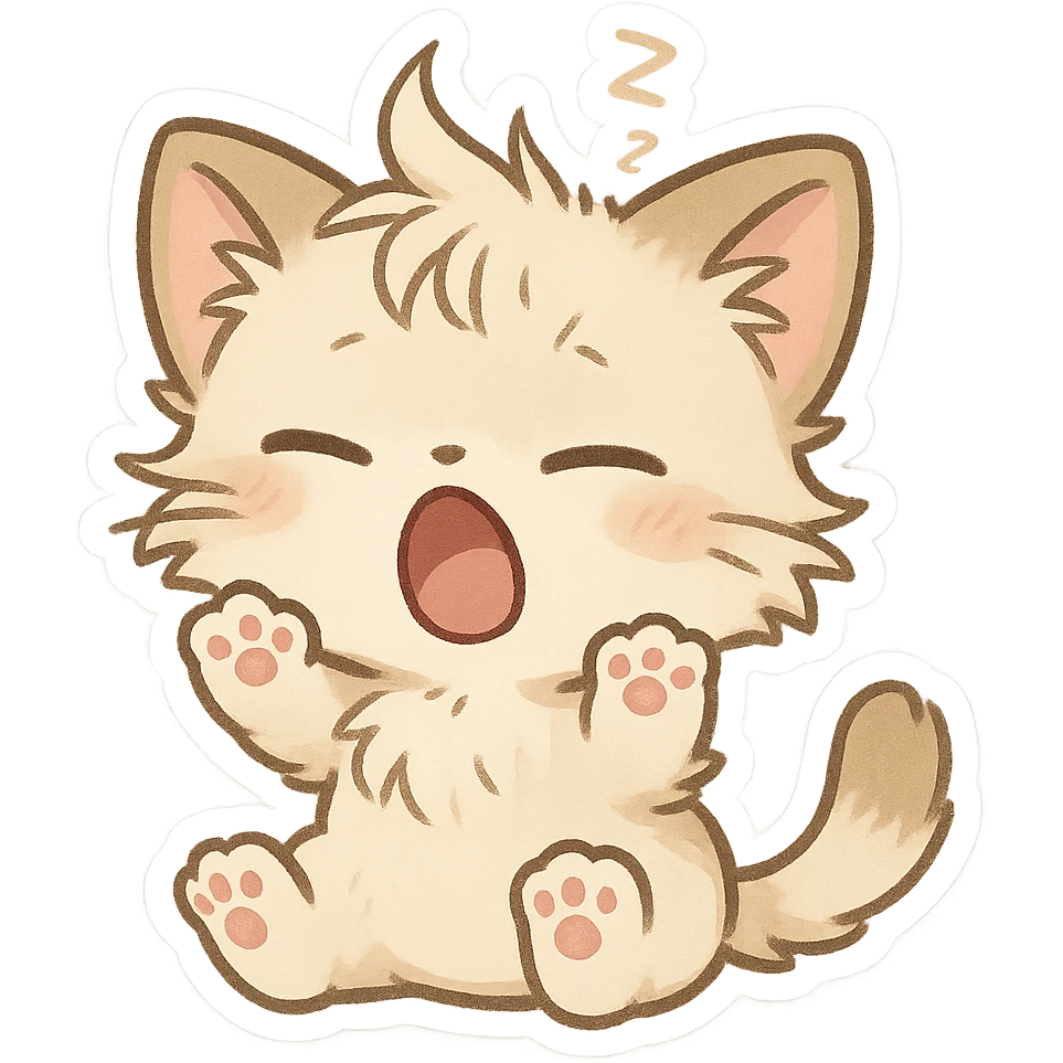 chibi style cat waking up, tiny paws, messy fur, cute expression emoji