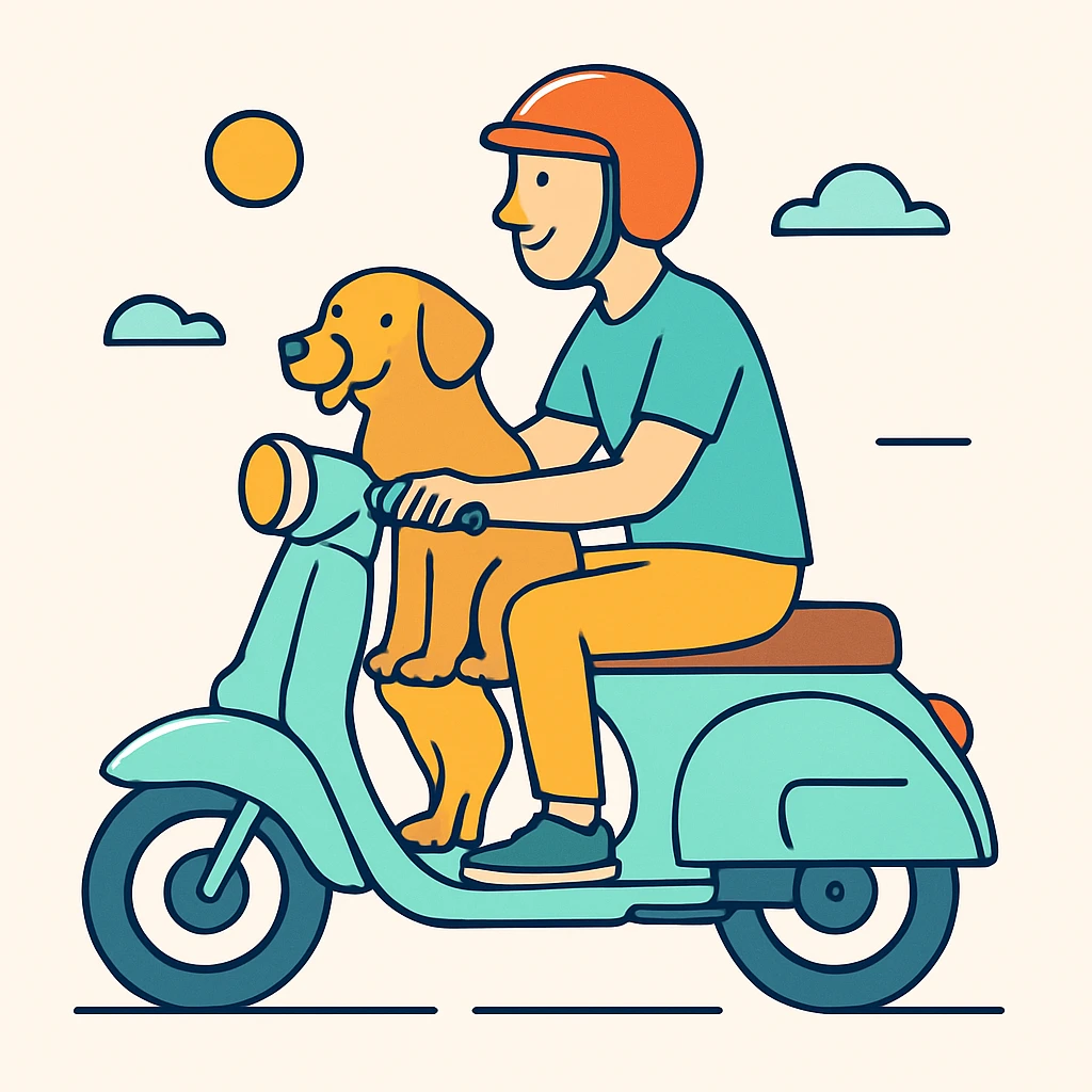 color vector art with thin outline of man and pet dog riding a scooter emoji