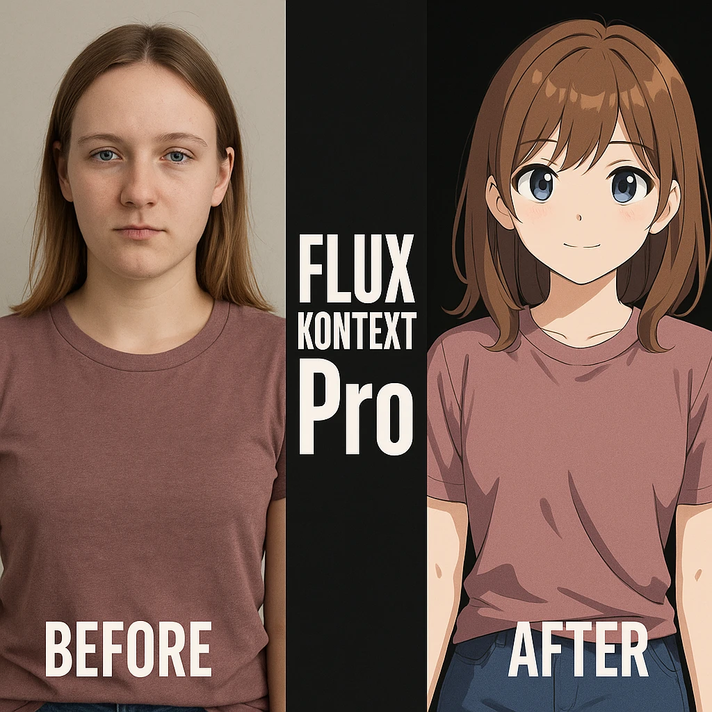 create before after image of a girl before is realsitic photo, after is anime version of her in same pose and clothes, add logo with text of a "FLUX Kontext Pro" in middle in big, black background emoji