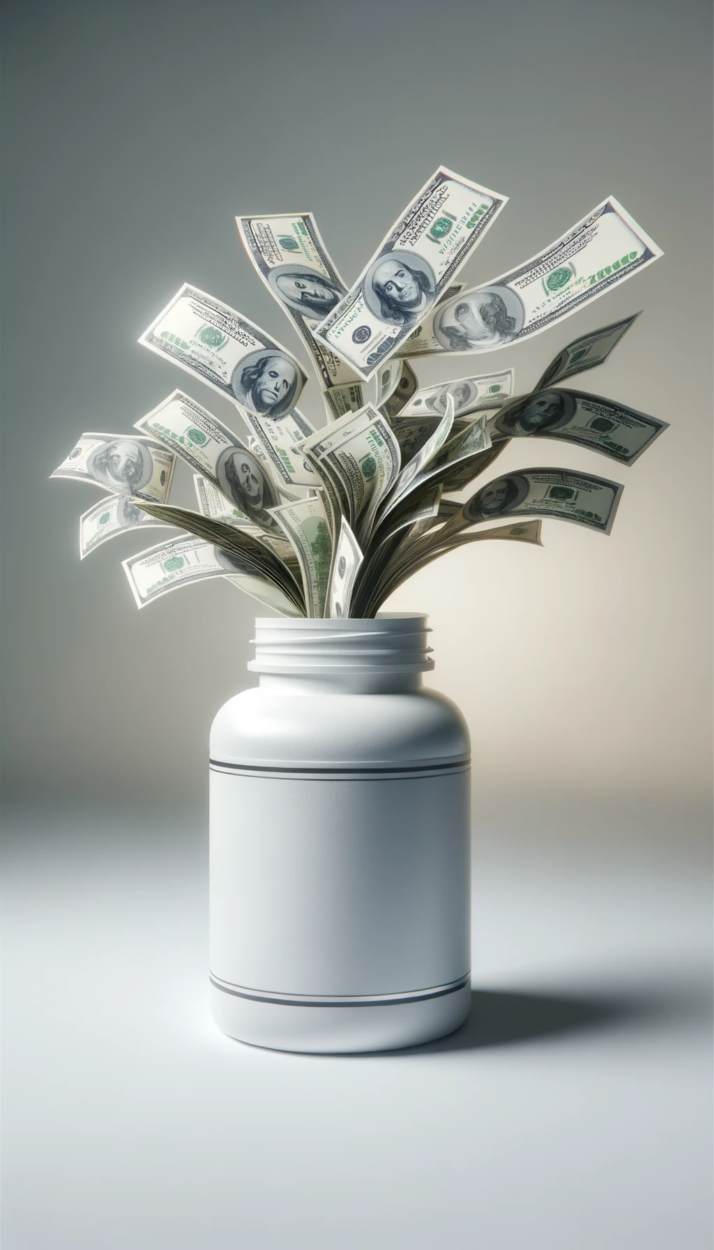 boccetta di integratore fluttua in aria, dalla boccetta aperta escono delle banconote, sfondo neutro chiaro, iperrealistico 4k emoji