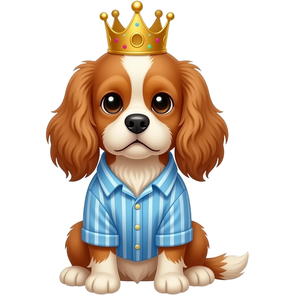 A brown Cavalier King Charles Spaniel sitting in a blue vertically striped shirt with a birthday crown emoji