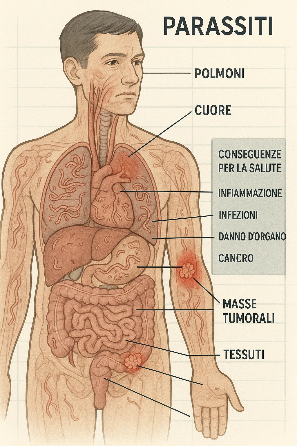 a semi-transparent view of a man’s body reveals numerous parasitic organisms inside his organs and tissues. Some areas are highlighted with red or inflamed zones, and small tumor-like masses are visible where the parasites cluster. The background is clinical and educational, with labels pointing to affected organs and a sidebar showing the health consequences. scritto in italiano emoji