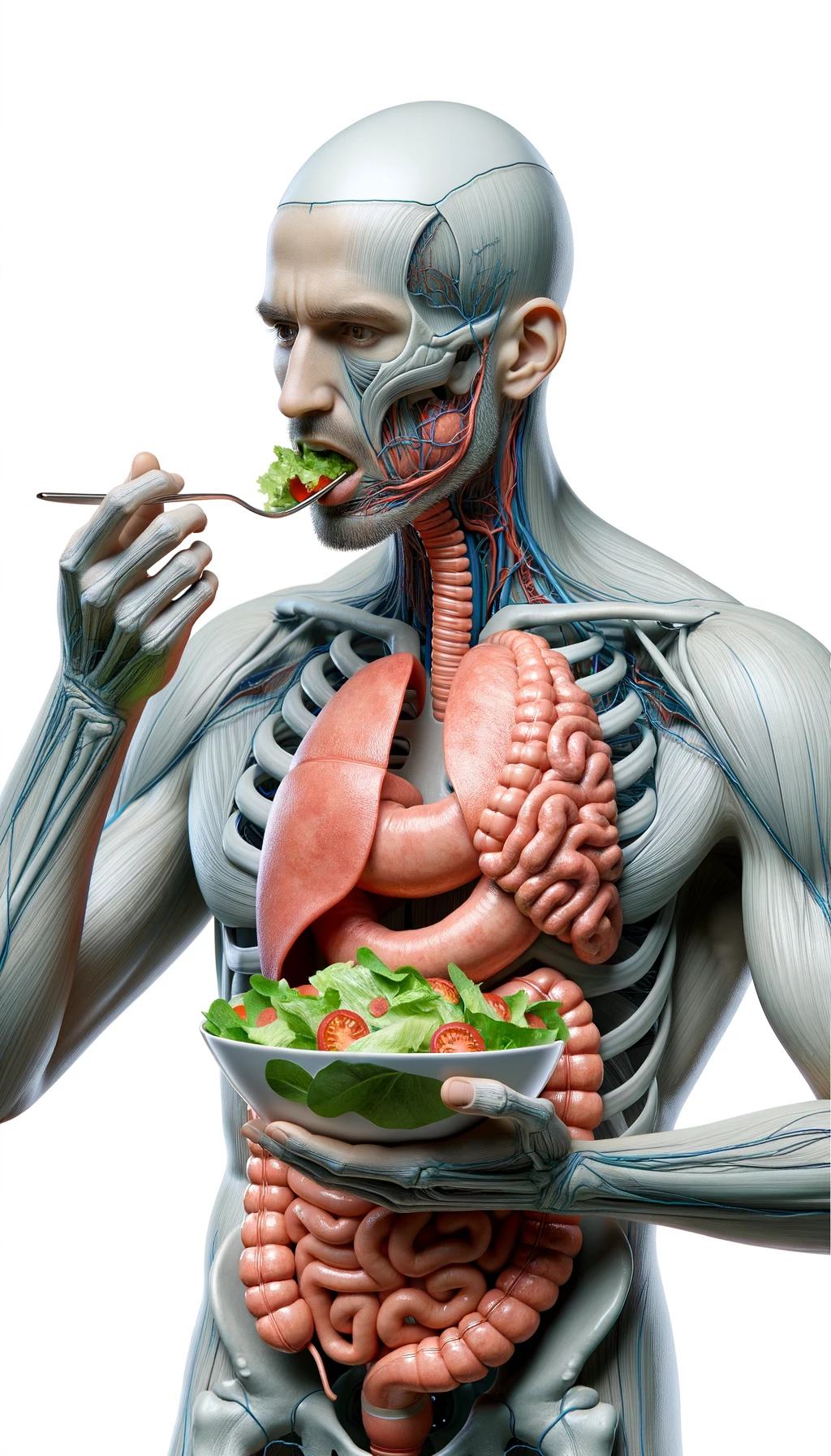 corpo umano anatomico con intestino in evidenza mentre mangia un'insalata con espressione neutra in volto, iperrealistico 4k, isolato su sfondo bianco emoji