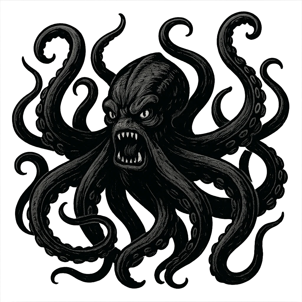 black fierce kraken, tentacles raised, aggressive expression, stylized as a dramatic sea monster, dynamic and detailed illustration emoji