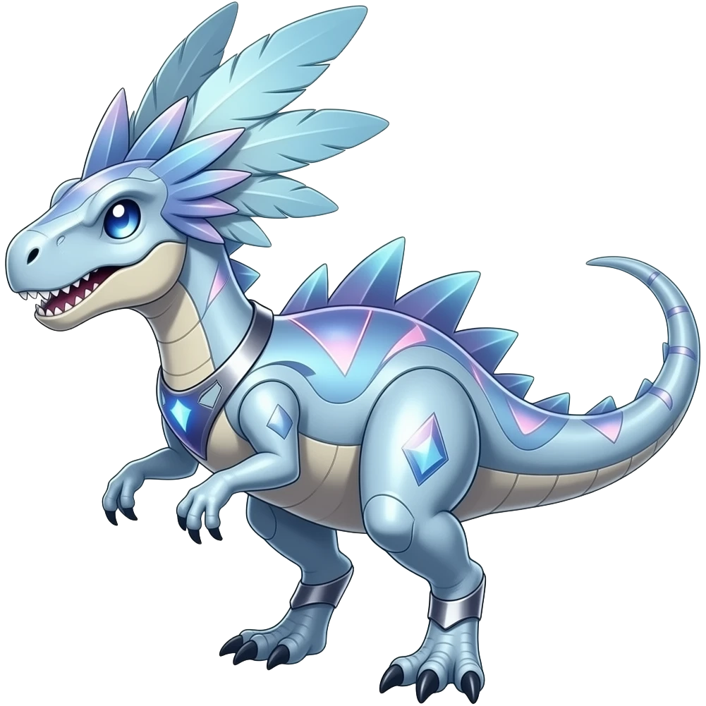 Shiny Futuristic Celestial Magical Ethereal Fakemon-HeadFeathers-Pokemon-Digimon-Spectrobes-Raptor-Dinosaur-fusion, full body emoji