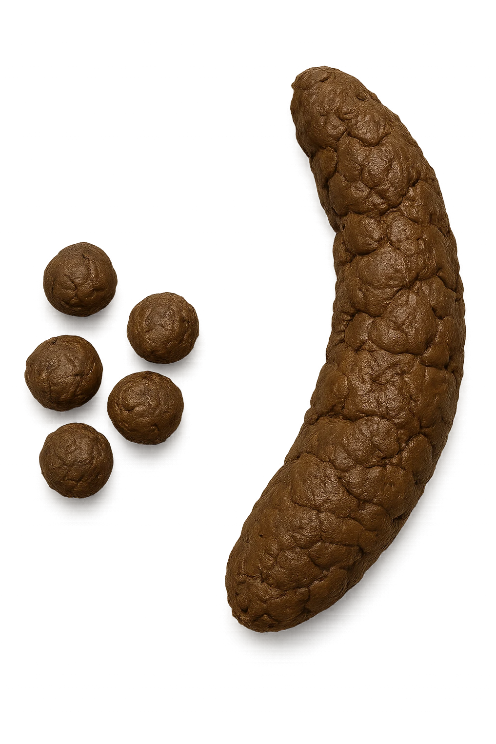 immagine di due tipi di feci iperrealistiche viste dall'alto con descrizione:
Tipo 1 – Feci caprine
Palline dure, separate, simili a noci

Tipo 2 – Feci a forma di salsiccia ma grumose
Massicce e disidratate.
 emoji