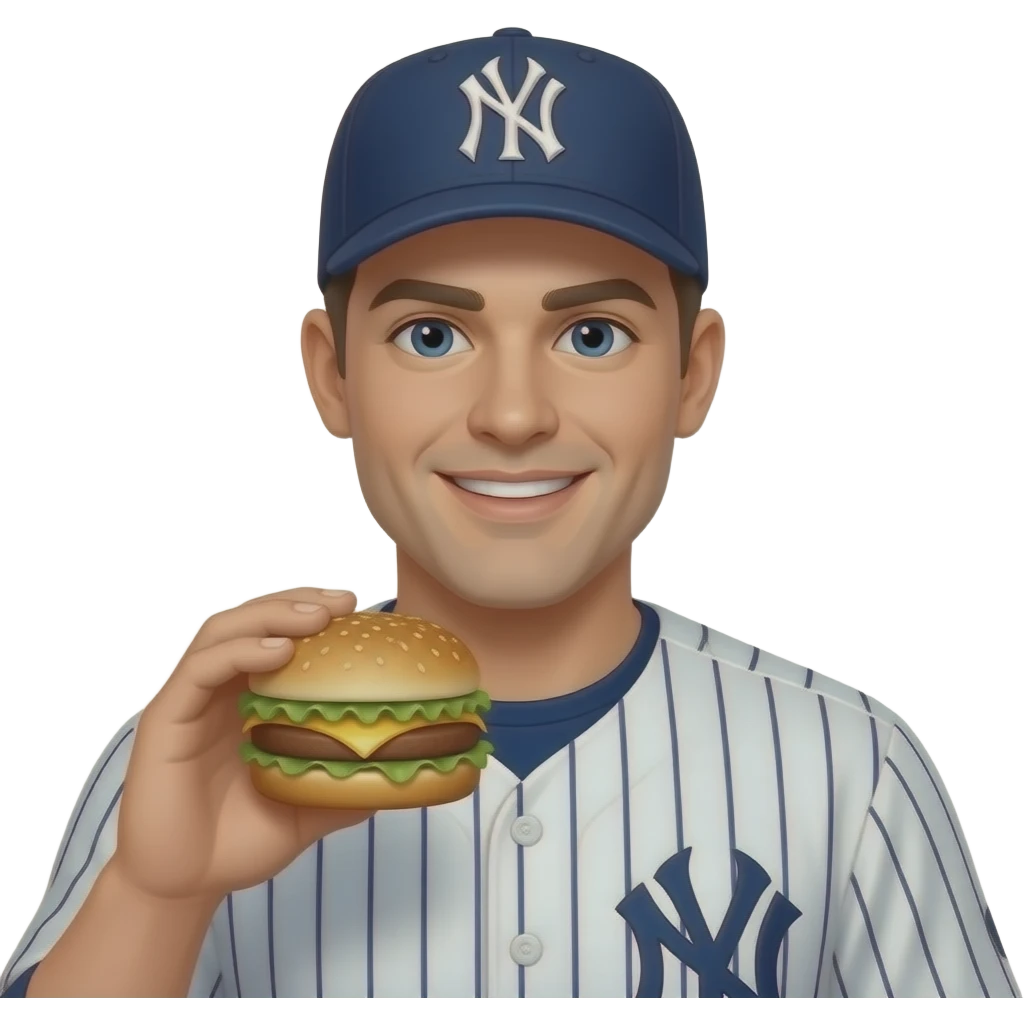 american man with new york yankees hat with a hamburger in his hand emoji