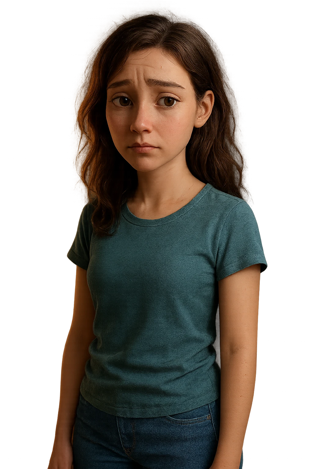 Modello 3D di personaggio femminile in stile Pixar/Blender, anatomia realistica e proporzionata, espressione facciale malinconica ma espressiva, rig per animazioni emotive, texturing skin realistico ma stilizzato, capelli con physics dinamici, vestiti casual modellati con cloth simulation, illuminazione soft e cinematografica, ambiente camera da letto 3D dettagliato, rendering Cycles con subsurface scattering per pelle naturale emoji