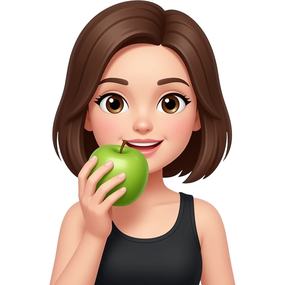 Cartoon 2d girl in black tank top hold an apple chewing emoji