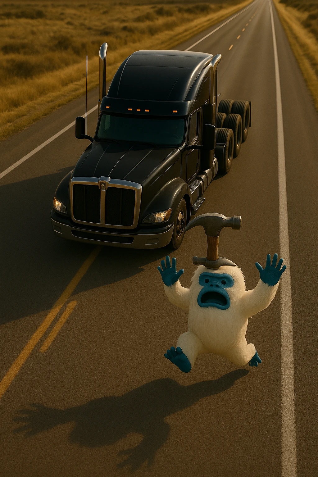 Add a hammer on top of the abominable snowman's head, keep the scene realistic, top-down view, no text. emoji