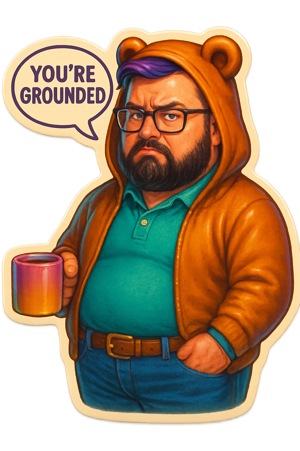 A realism art illustration art style of a plus-sizes man with purple to green ombre streak, black beard, blue eye, glasses, wearing a bear hoodie with ears,  dressed like a dad, holding a coffee mug, You’re grounded speech bubble, frowning  emoji