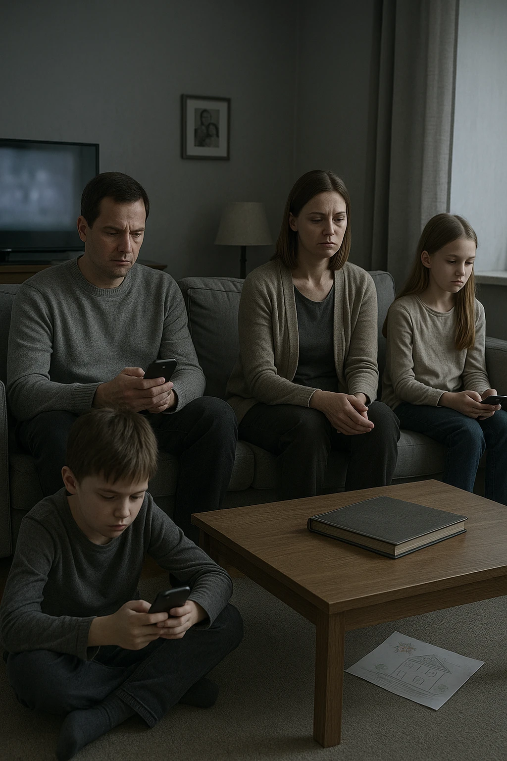 Famiglia composta da padre, madre e uno o due figli seduti nello stesso ambiente domestico (salotto o tavola da pranzo), ma ciascuno è assorto nei propri pensieri, con espressioni spente e distaccate. Nessuno si guarda o sorride. I colori dell’ambiente sono freddi e grigi, la luce è debole. Intorno a loro, simboli di disconnessione: telefoni in mano, TV accesa ma ignorata, silenzio. L’atmosfera è visivamente carente di calore emotivo. Nessun contatto fisico, postura rigida. Un dettaglio visivo come un album di foto chiuso sul tavolo o un disegno dei figli dimenticato sul pavimento accentua la mancanza di dolcezza e unione emoji