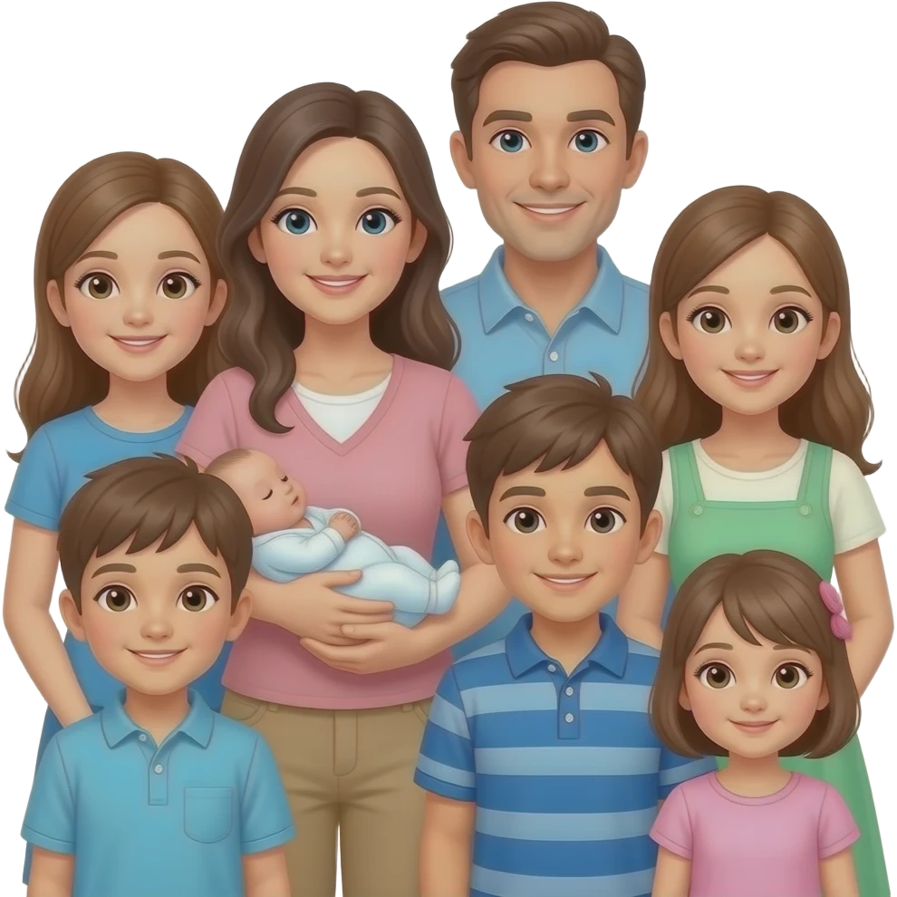family of 8 white people and all with brown hair with 2 parents mom and dad with 6 kids 13 year old girl holding a newborn girl 10 year old boy 10 year old boy 8 year old girl and a small todler girl emoji