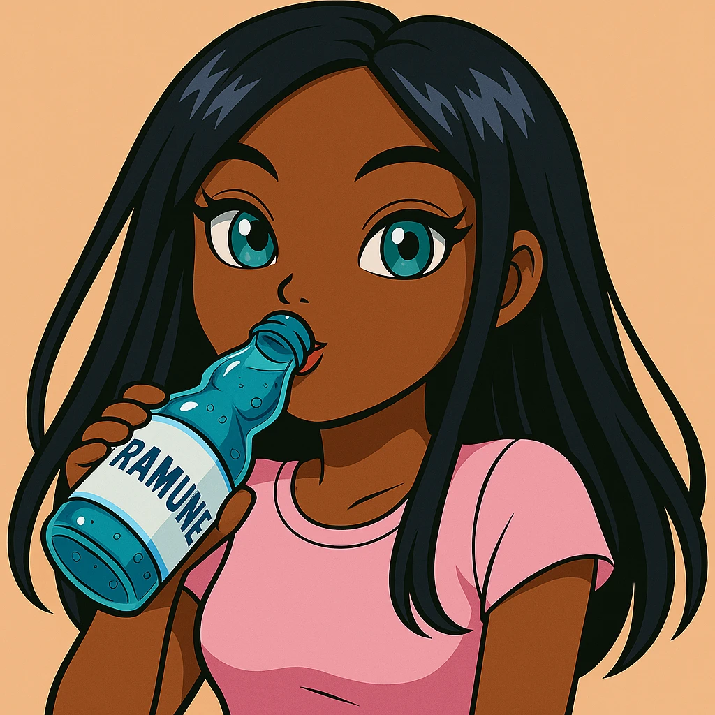 Change her pose to drinking blue Ramune soda from the classic glass bottle, headshot only, 20-year-old anime Bratz style woman with dark skin, straight hair, trendy outfit, big expressive eyes, glossy lips, no hat, no tears, happy expression, both eyes open, looking straight ahead. emoji