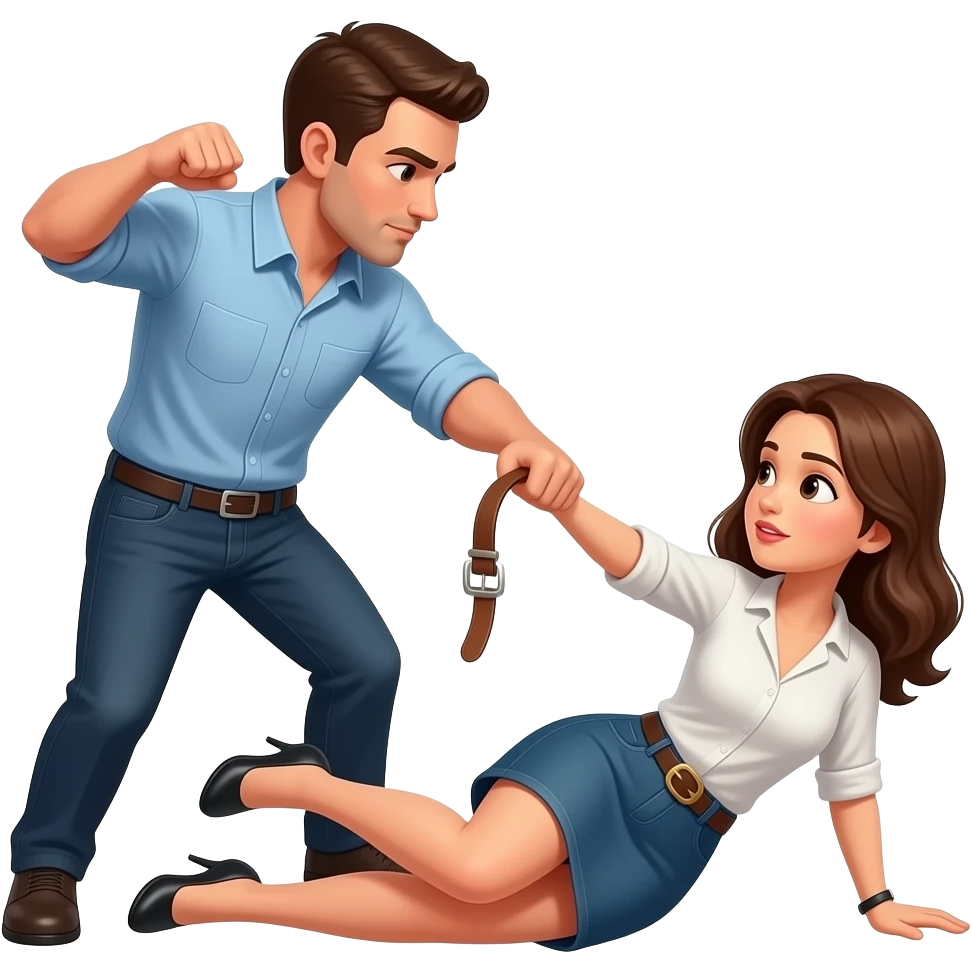 Un hombre pegando a una mujer de morado La mujer está en el suelo llorando y el hombre está golpeándole con un cinturón El hombre está enfadado emoji