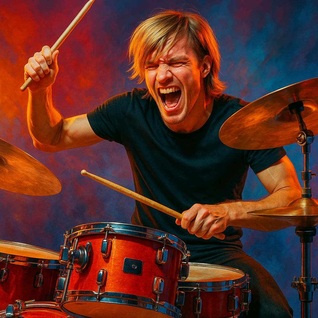 male drummer with blonde hair, long on top with bangs, playing drums, energetic expression, modern style emoji