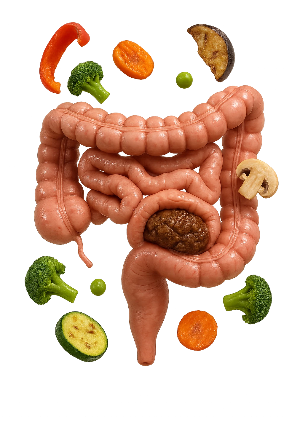 VERDURE COTTE FLUTTUANO IN ARIA INSIEME AD UN INTESTINO CON FECI BLOCCATE NEL COLON, iperrealistica 4k emoji