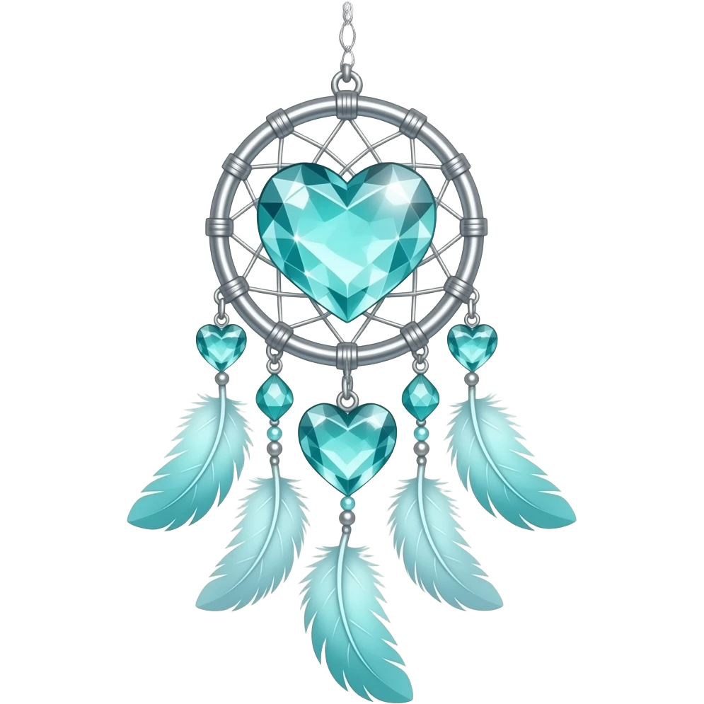 Cyan-greenish and silver cold-cool-colored romantic lush beautiful pretty hanging crystal-catcher aesthetic with hearts and sparkles and feathers emoji