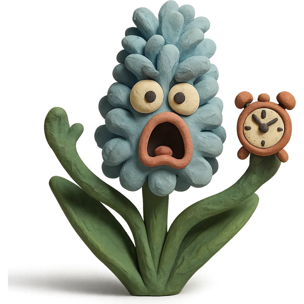 pastel blue hyacinth flower with alarmed eyes and a screaming mouth, waving a tiny alarm clock, fluffy and round, claymation style emoji