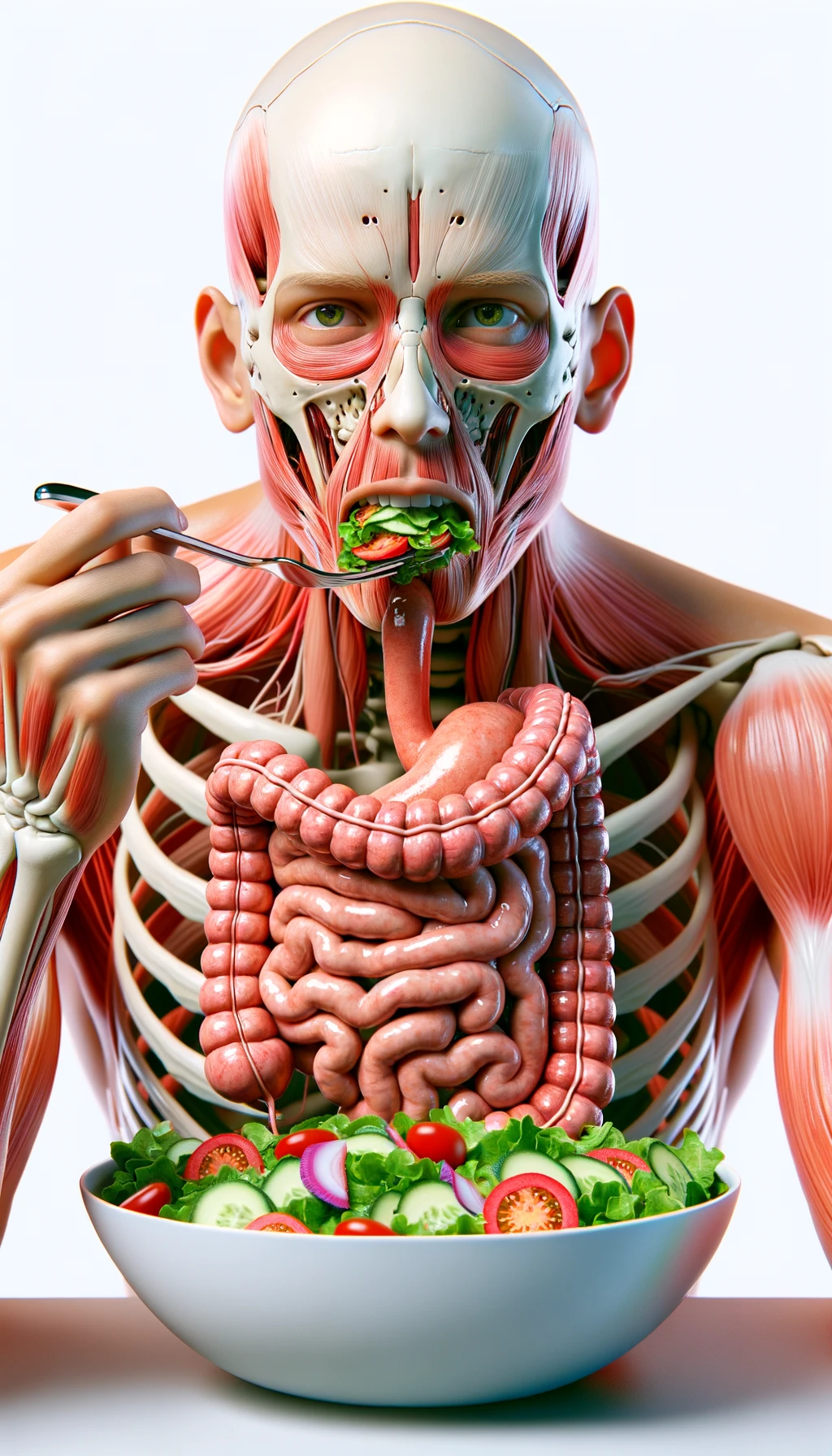corpo umano anatomico con intestino in evidenza mentre mangia un'insalata con espressione neutra in volto, iperrealistico 4k, isolato su sfondo bianco emoji