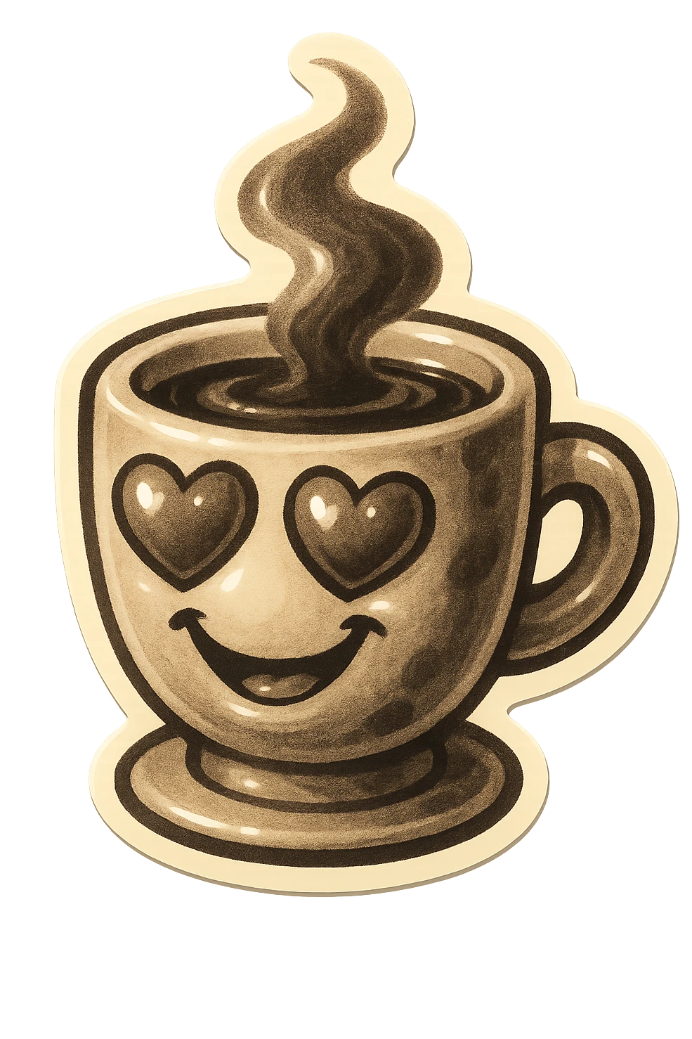 Ink wash style, coffee cup creature, big heart eyes, dopey smile emoji