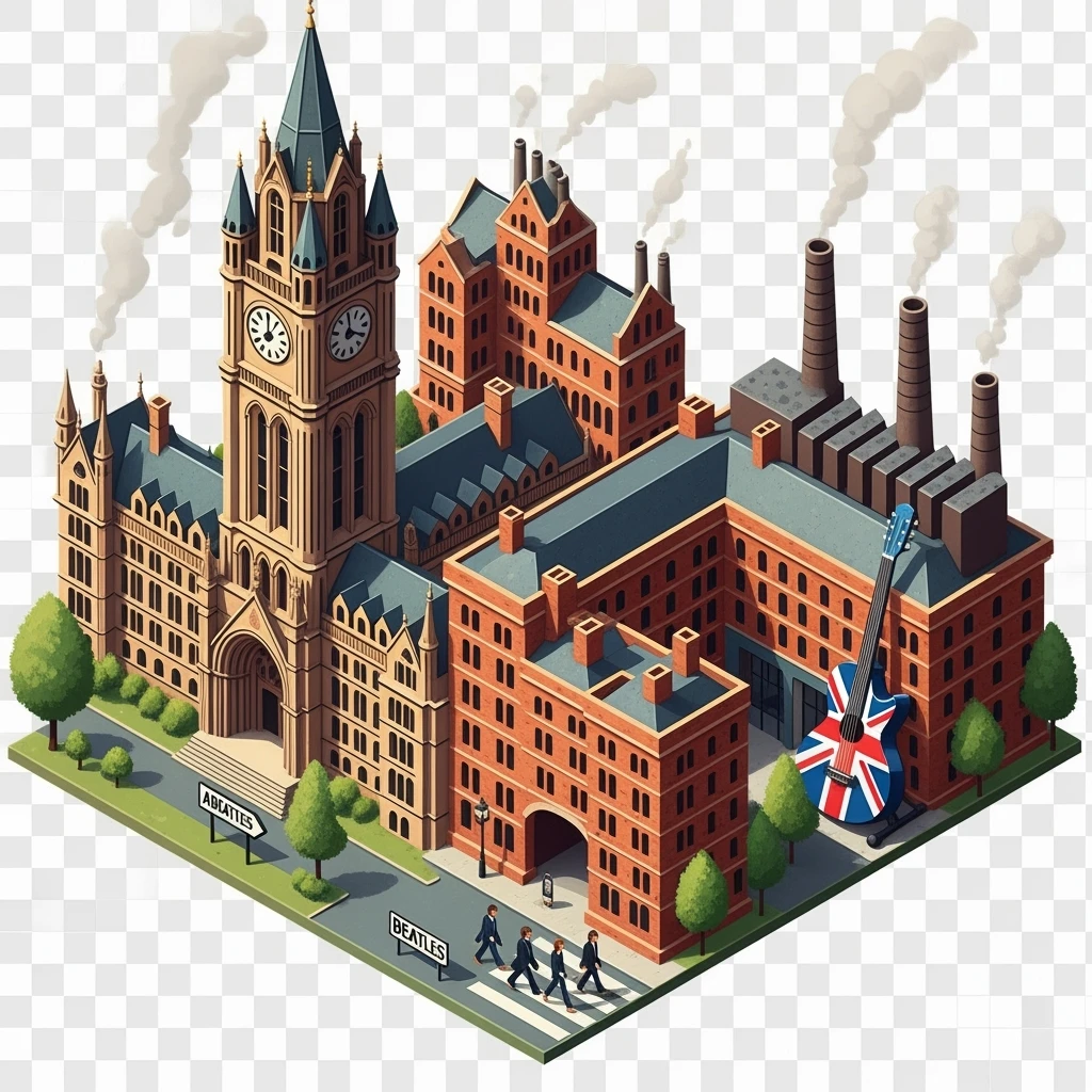 Isometric illustration of Manchester and Liverpool combined, Beatles references (Abbey Road sign), Manchester Town Hall, a Union Jack guitar and brick building in a miniature, toy-style factories, balanced between stylized painting and realistic,  transparent background emoji