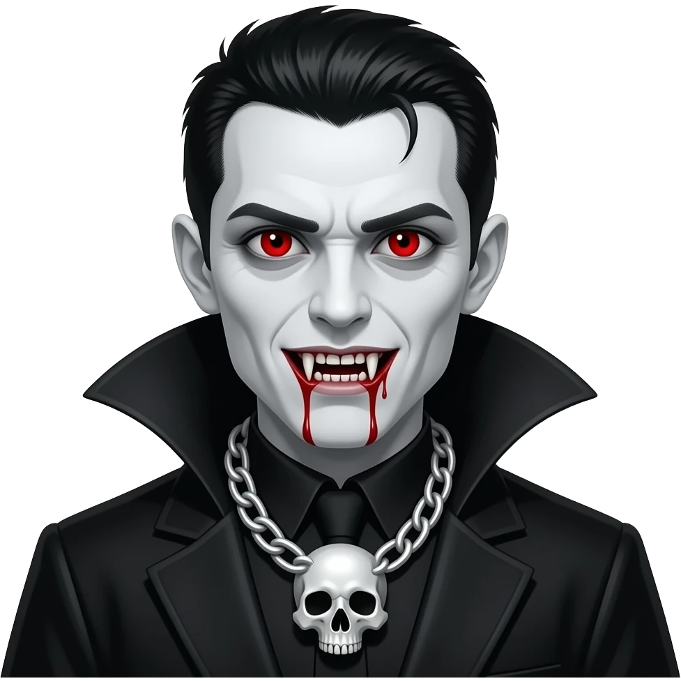 create a picture of a white pale vampire with short black hair and full red eyes and long fangs and bloody mouth and black robe with big silver chain of a skull - make his scary emoji