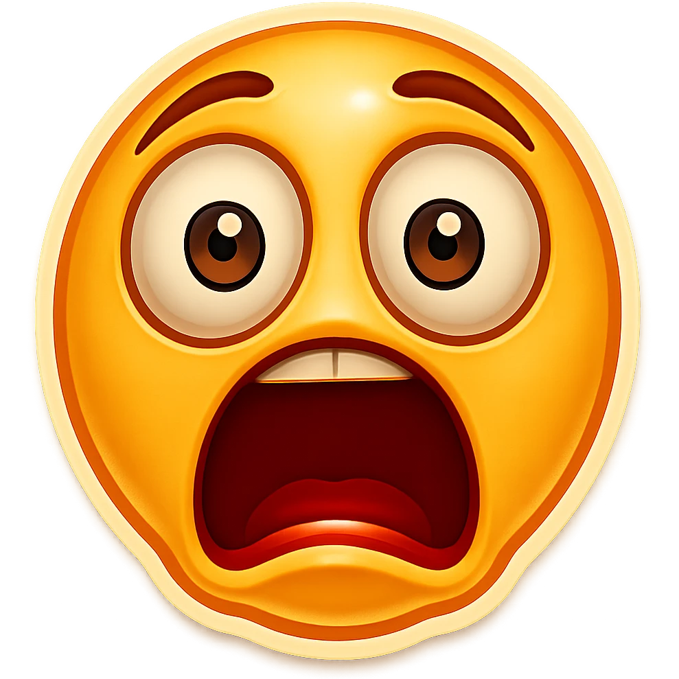 Create a horror emoji face with an even more shocked expression: eyes extremely wide, mouth stretched in a scream, eyebrows raised high, pale yellow face, no background. emoji