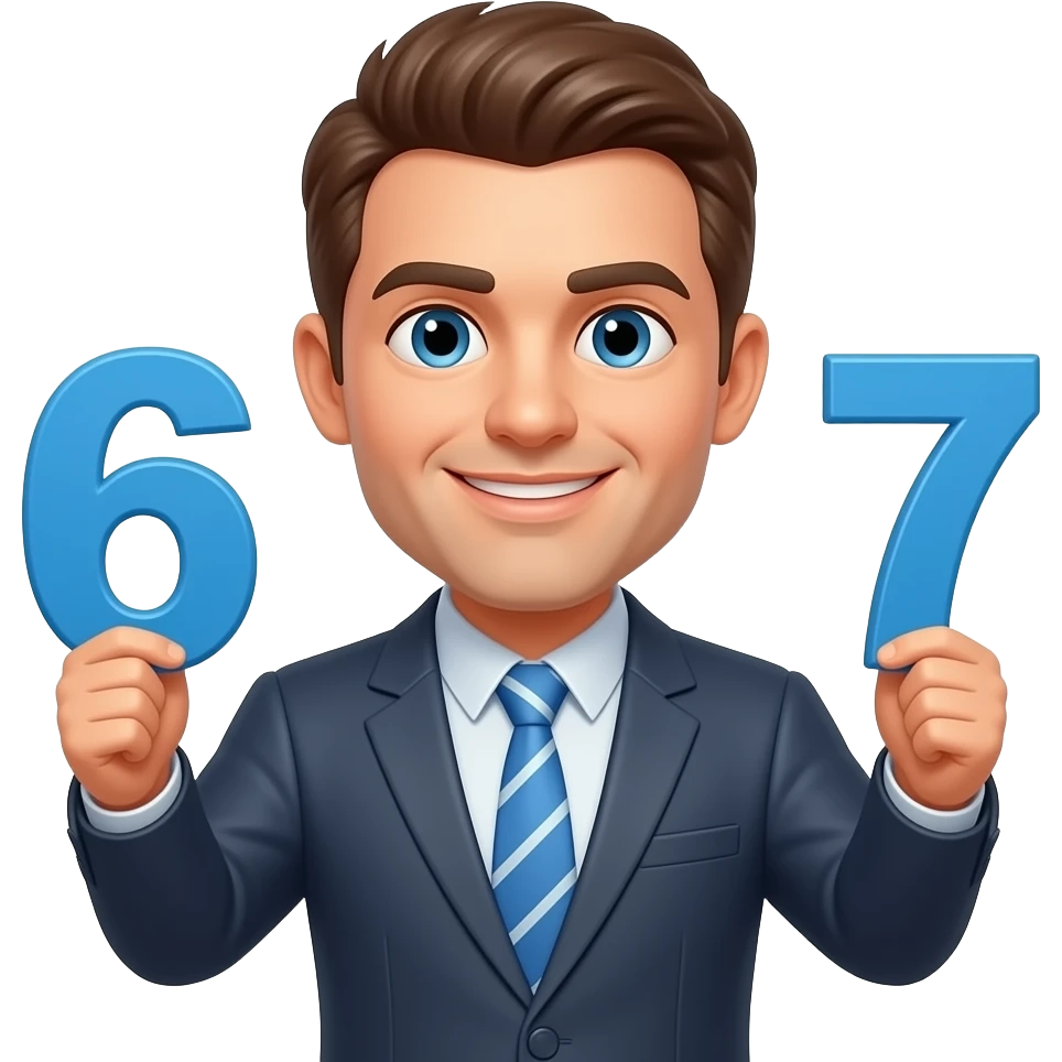 A man left hand holding the number 6 and the right hand holding the number 7 emoji