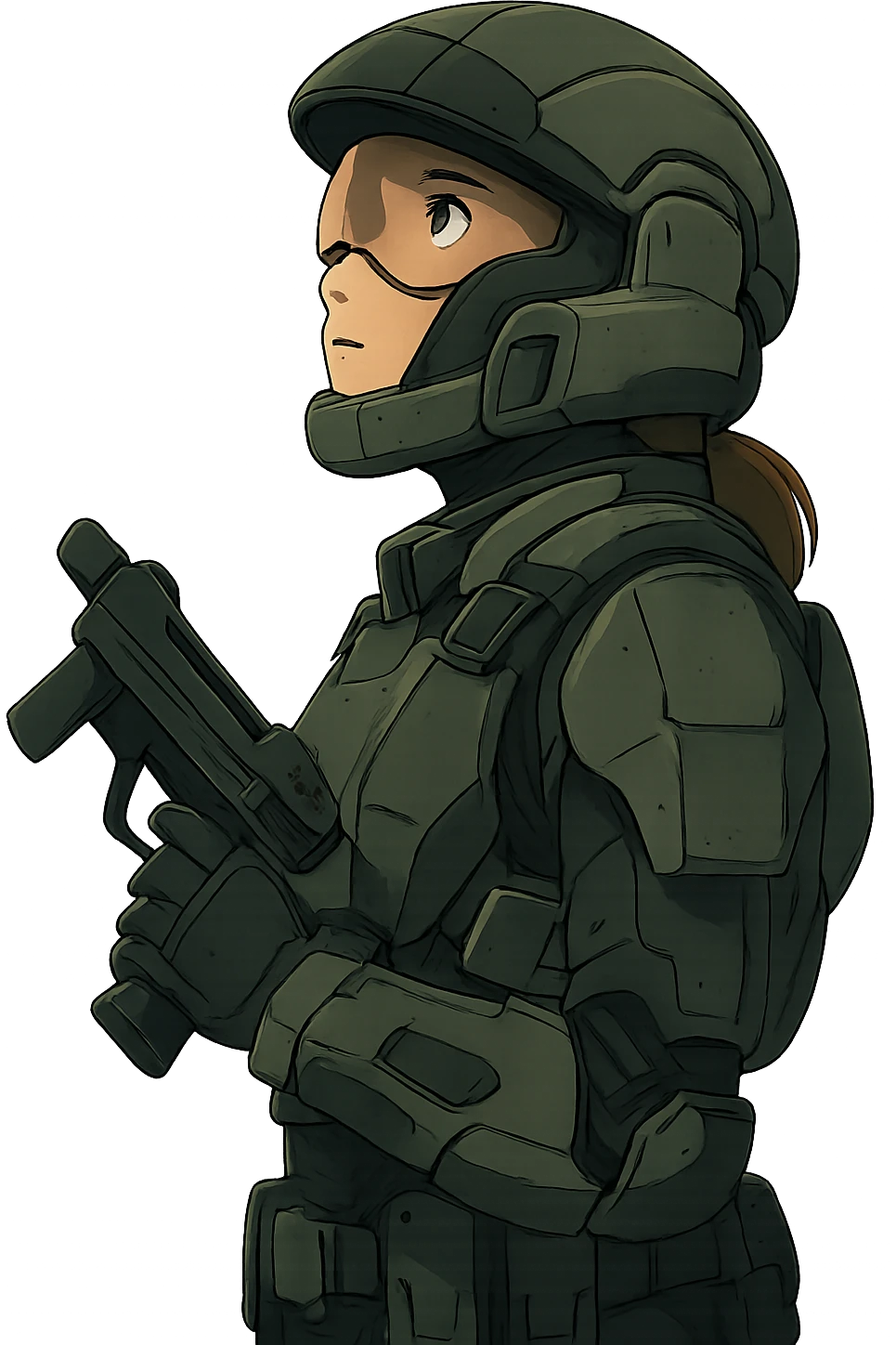 A female odst, right shoulder profile, helmet on, looking up to the sky, holding their trademark suppressed smg at ease emoji