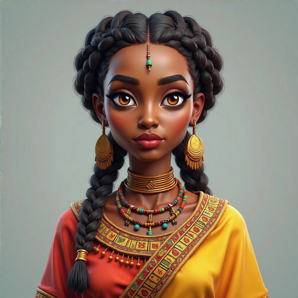 Create me a Stylized 3D Character Art of an beautiful Ethiopian Queen wearing traditional modern Ethiopian Habesha dress for a Strategy Game. Make it have a balance of realism and caricature. Make the image a portrait size  emoji