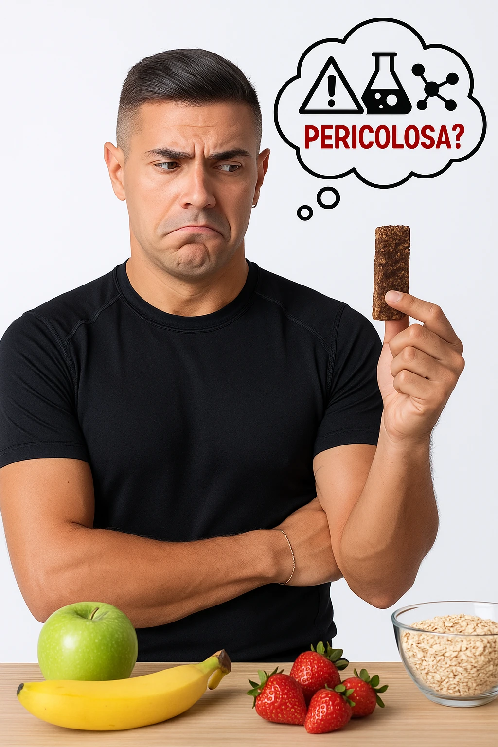 un uomo in abbigliamento sportivo tiene in mano una barretta proteica, osservandola con un’espressione scettica e preoccupata. Sopra la barretta, una nuvoletta di pensiero mostra simboli di allarme, ingredienti chimici e la scritta “Pericolosa?” in rosso. Sullo sfondo, frutta fresca e altri snack naturali sono visibili sul tavolo, sottolineando la sua preferenza per alternative più sane. emoji
