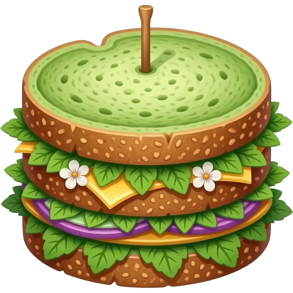 Elegant whymsical forest fairy sandwich, delicate layers, fresh herbs, edible flowers, rustic bread, botanical fantasy, emerald green, amber, subtle violet accents. emoji