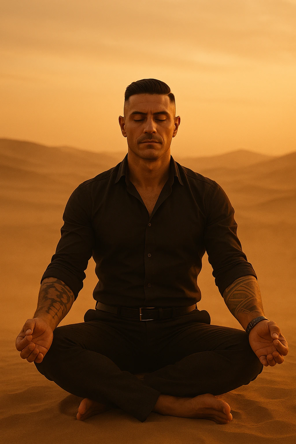 Man meditating alone in the desert at golden hour, sitting in a calm but grounded posture, radiating calm and powerful masculine energy. Minimalist surroundings, soft wind, dust in the air. Peaceful expression, symbolic of self-mastery and inner strength. Cinematic style. emoji