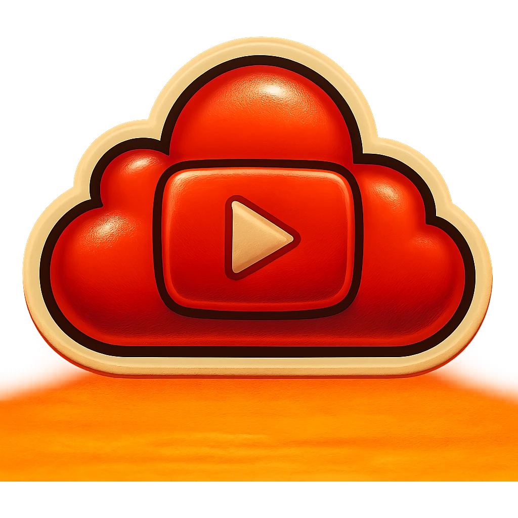 A cloud with a YouTube play button symbol inside it, representing views on YouTube, in a colorful and vibrant emoji style with a red color scheme and a sunset background emoji